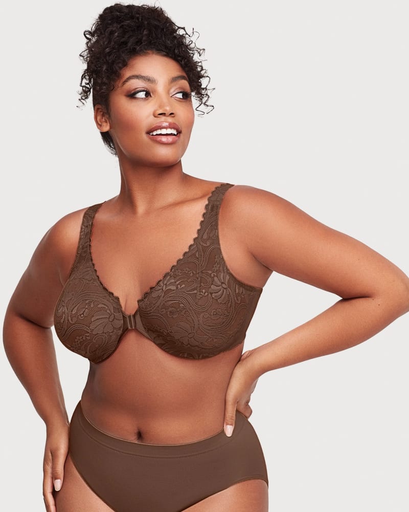 Front of a model wearing a size 40G WonderWire Front-Closure Stretch Lace Bra in Mocha by Glamorise. | dia_product_style_image_id:263017